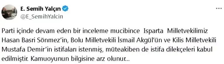 Üç MHP Milletvekili'nin İstifası Kabul Edildi